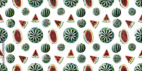 Colorful watermelon slices and wedges create a vibrant repeating pattern