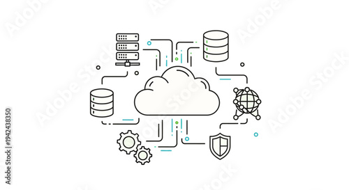 Cloud orchestration diagram with server and database icons on transparent background silhouette