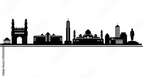 Hyderabad skyline silhouette with building reflections on transparent background