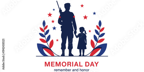 Memorial Day tribute illustration, patriotic remembrance artwork, soldier family design tribute, national honor graphic, military sacrifice concept, American unity theme flat vector illustration