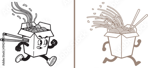 A pair of vector illustrations featuring cartoon takeout boxes with noodles; one is a determined, vintage-style character running, and the other shows a box with spilling noodles in motion.