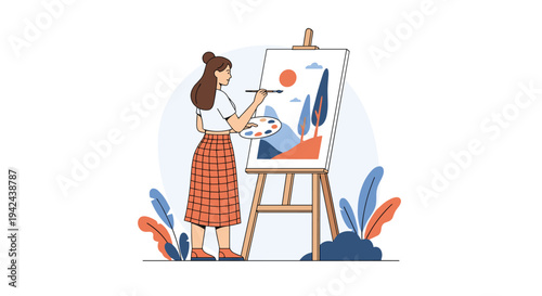 Creative female artist painting a beautiful mountain landscape on a canvas in her studio using a brush and palette in a flat design style.