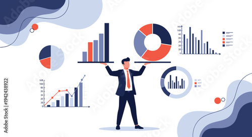 Businessman balancing various financial data charts and graphs on his hands representing successful asset management and corporate statistics.