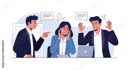 Stressed female office worker caught between two angry shouting male colleagues in a high pressure workplace conflict and difficult situation.