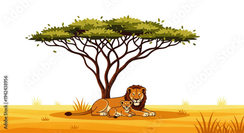 Majestic Lion and Cub Resting Under a Sprawling Acacia Tree in the African Savannah