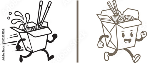 A side-by-side comparison of two line-art characters: a panicked takeout box spilling noodles while sprinting, and a cheerful, smiling takeout box running happily.