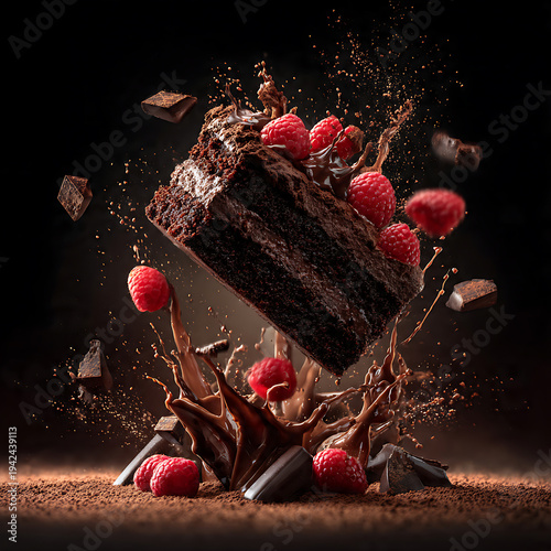 Luxury Chocolate Dessert Levitation with Floating Cocoa and Berries