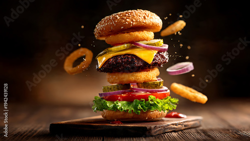 Floating Cheeseburger Levitation with Flying Ingredients Fast Food Advertising