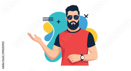 Handsome bearded man wearing sunglasses and a red shirt gesturing with his hand against a colorful abstract background in a modern art style.