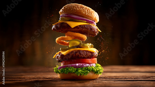 Floating Cheeseburger Levitation with Flying Ingredients Fast Food Advertising