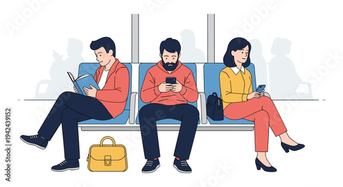 Diverse passengers sitting together on a bus or train carriage reading and using phones during their daily commute in a city environment.