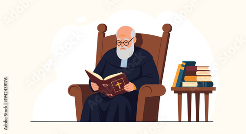 Elderly bearded scholar or priest sitting in a large armchair and reading a holy book with a stack of other books on a side table nearby.