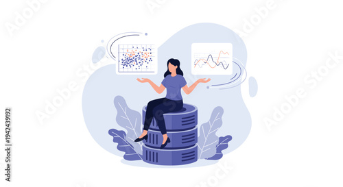 Woman sitting on top of large data storage servers while analyzing digital charts and graphs in a virtual environment for business technology.