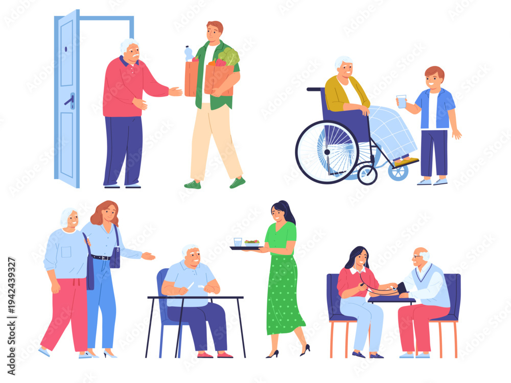 Fototapeta premium caregiver assisting elderly individual daily activities illustration senior care people