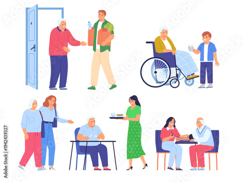 caregiver assisting elderly individual daily activities illustration senior care people