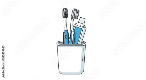 Two blue toothbrushes and a tube of toothpaste placed inside a white ceramic cup to illustrate daily oral hygiene habits.