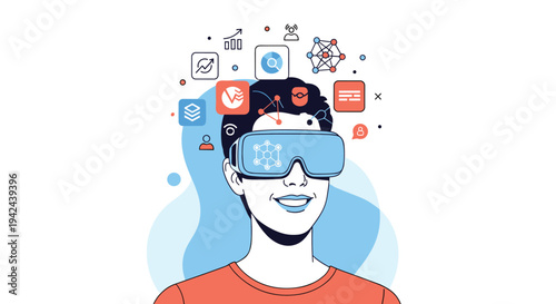 Young man wearing a virtual reality headset with digital icons representing data analytics and technological innovation.