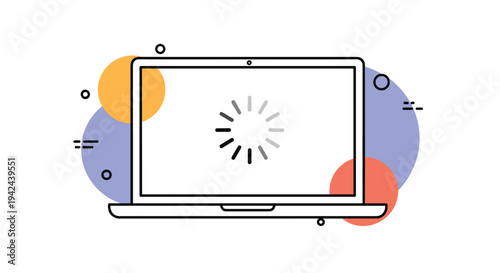 Laptop computer showing a buffering loading icon on the screen with abstract colorful circular shapes in the background.