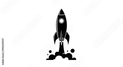 Black silhouette of a rocket launching into space with smoke and fire.