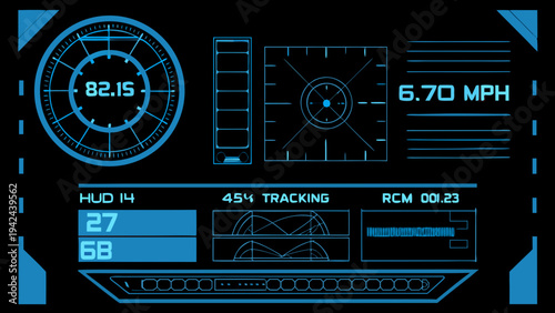 Futuristic heads up display showing time speed and tracking information