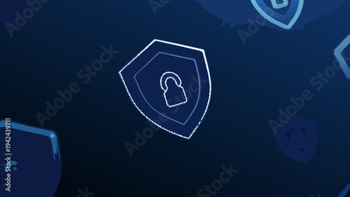 Abstract digital security illustration with glowing shield and unlock symbol