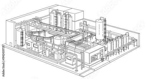 Detailed technical line drawing of an industrial factory layout with tanks and conveyor belts for manufacturing processes.