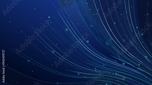 Abstract dark blue background with flowing lines and scattered light particles