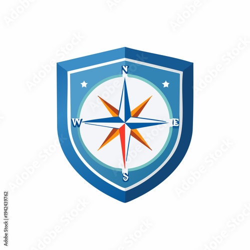 Blue shield with compass rose emblem on white background