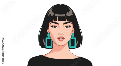 Portrait of a stylish young woman with a black bob haircut and large teal square earrings in a flat vector style.