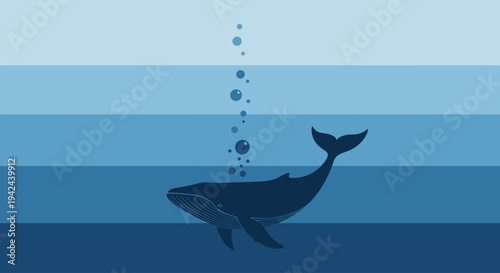 Blue whale swimming underwater with bubbles in deep ocean