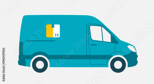 Blue delivery van with a package on the side.