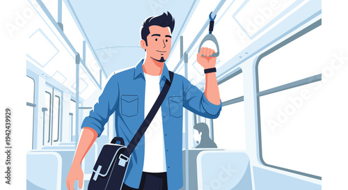 Young man with a messenger bag standing inside a commuter train holding onto a handle while traveling to work.