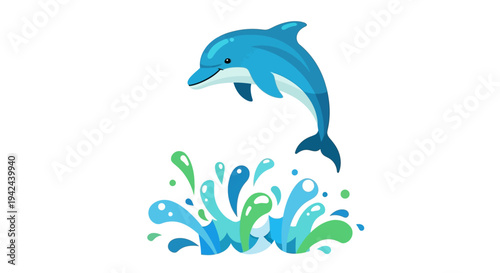 Blue dolphin jumping out of water splashes.
