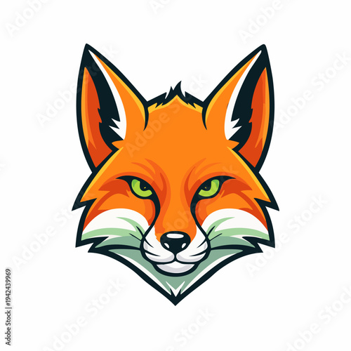 Bold orange fox head mascot illustration with green eyes