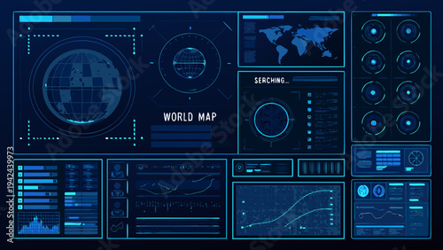 Futuristic interface displaying a world map and complex data visualizations