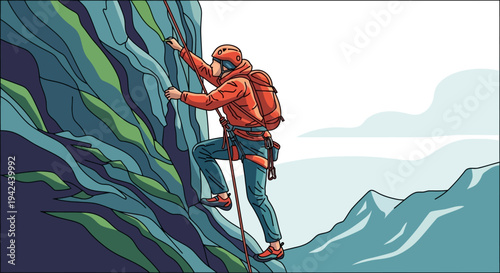 Brave Climber Ascending a Steep Mountain Peak with Determination and Skill.