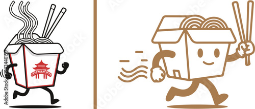 Charming vector mascots of Chinese takeout boxes running with noodles and chopsticks. Features a character with a red pagoda logo and a minimalist brown line art version for fast food branding.