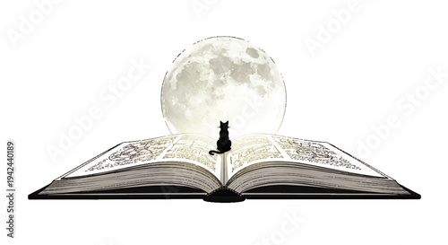 Enchanting Midnight Reading A sleek black cat silhouette gazes at the radiant full moon from an antique open book, symbolizing magical narratives and serene evening reflections