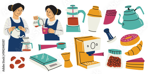 Barista Girl and Coffee Brewing Equipment Set Hand Drawn Flat Illustration