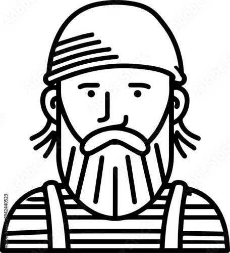 Hand Drawn Male Pirate Black and White Avatar Illustration in Minimal Line Art Style Design