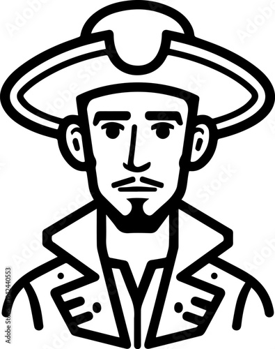 Hand Drawn Male Pirate Black and White Avatar Illustration in Minimal Line Art Style Design