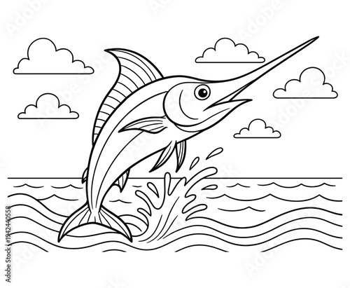 Marlin fish jumping out of ocean waves under a cloudy sky for coloring book