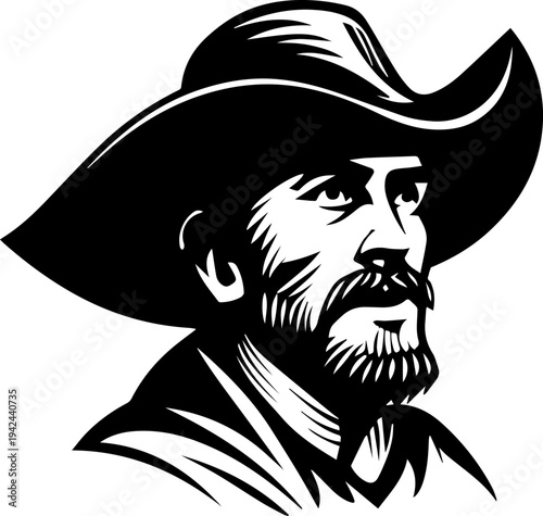 Hand Drawn Male Pirate Black and White Avatar Illustration in Minimal Line Art Style Design