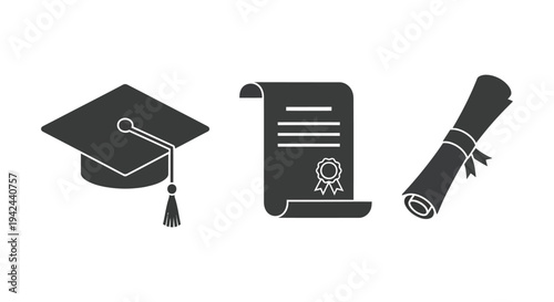 Black graduation cap, diploma, certificate, and scroll vector graphic design elements