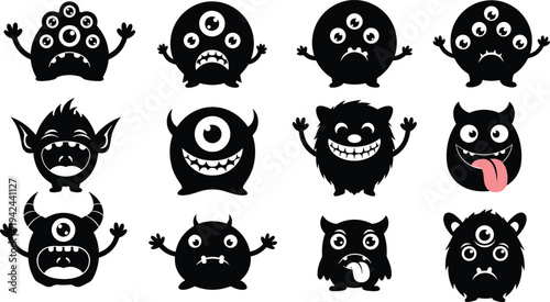 Collection of cute monster silhouette characters with various facial expressions and eyes for Halloween decorations children party invitations and spooky designs