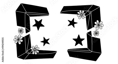 Black Letter E with Stars and Flowers.