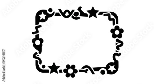 Black Decorative Square Frame with Stars and Flowers.