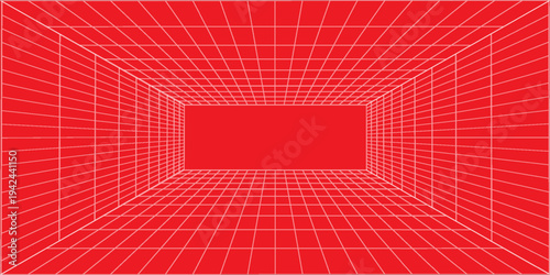 3d wireframe grid room. 3d perspective laser grid 16 9.. Cyberspace blue background with white mesh. Futuristic digital hallway space in virtual reality. Vector illustration.