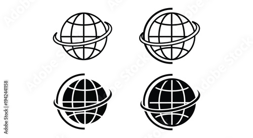 Set of four universal globe icons with orbiting ring for digital design