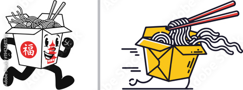 Two fast-moving noodle box mascots. One is a vintage-style character with red Chinese calligraphy and a pagoda logo; the other is a modern vector with speed lines and red-tipped chopsticks.